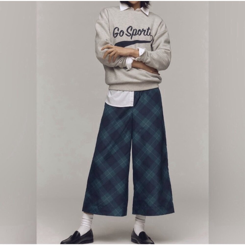 ANTHROPOLOGIE Maeve Taffeta Plaid Printed Cropped Wide Leg Pants Women’s Sz S
